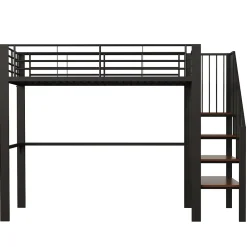 Okwish Lit mezzanine 140x200 cm - Lit double avec rangement et escalier, structure métallique robuste - Noir - Sans matelas* Lit Mezzanine