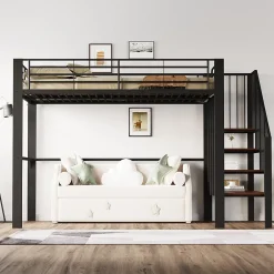 Okwish Lit mezzanine 140x200 cm - Lit double avec rangement et escalier, structure métallique robuste - Noir - Sans matelas* Lit Mezzanine