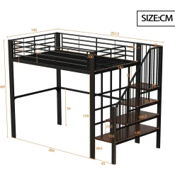 Okwish Lit mezzanine 140x200 cm - Lit double avec rangement et escalier, structure métallique robuste - Noir - Sans matelas* Lit Mezzanine