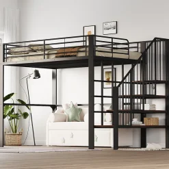 Okwish Lit mezzanine 140x200 cm - Lit double avec rangement et escalier, structure métallique robuste - Noir - Sans matelas* Lit Mezzanine