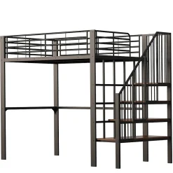 Okwish Lit mezzanine 140x200 cm - Lit double avec rangement et escalier, structure métallique robuste - Noir - Sans matelas* Lit Mezzanine