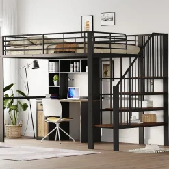 Okwish Lit mezzanine 140x200 cm - Lit double avec rangement et escalier, structure métallique robuste - Noir - Sans matelas* Lit Mezzanine