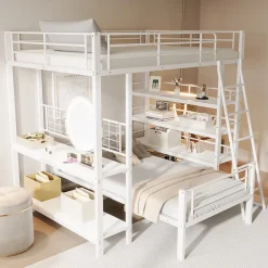Okwish Lit mezzanine 140x200 cm - Lit double avec rangement multifonction, structure métal et MDF avec étagères - Sans matelas - Blanc* Lit Mezzanine