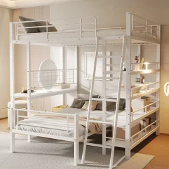 Okwish Lit mezzanine 140x200 cm - Lit double avec rangement multifonction, structure métal et MDF avec étagères - Sans matelas - Blanc* Lit Mezzanine