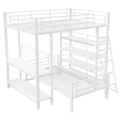 Okwish Lit mezzanine 140x200 cm - Lit double avec rangement multifonction, structure métal et MDF avec étagères - Sans matelas - Blanc* Lit Mezzanine