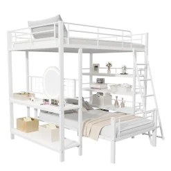 Okwish Lit mezzanine 140x200 cm - Lit double avec rangement multifonction, structure métal et MDF avec étagères - Sans matelas - Blanc* Lit Mezzanine