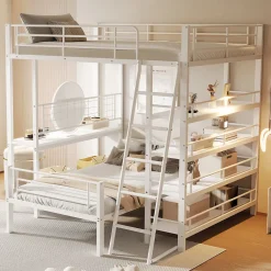 Okwish Lit mezzanine 140x200 cm - Lit double avec rangement multifonction, structure métal et MDF avec étagères - Sans matelas - Blanc* Lit Mezzanine