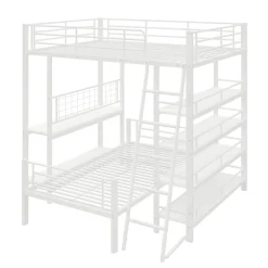 Okwish Lit mezzanine 140x200 cm - Lit double avec rangement multifonction, structure métal et MDF avec étagères - Sans matelas - Blanc* Lit Mezzanine