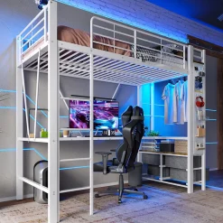 Lit Mezzanine 90x200 cm - Lit Déco avec Rangement - Métal et MDF - Sans Matelas - Blanc>Okwish Hot