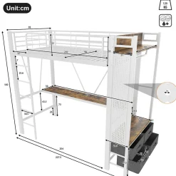 Lit Mezzanine 90x200 cm - Lit Déco avec Rangement - Métal et MDF - Sans Matelas - Blanc><noscript><img width=
