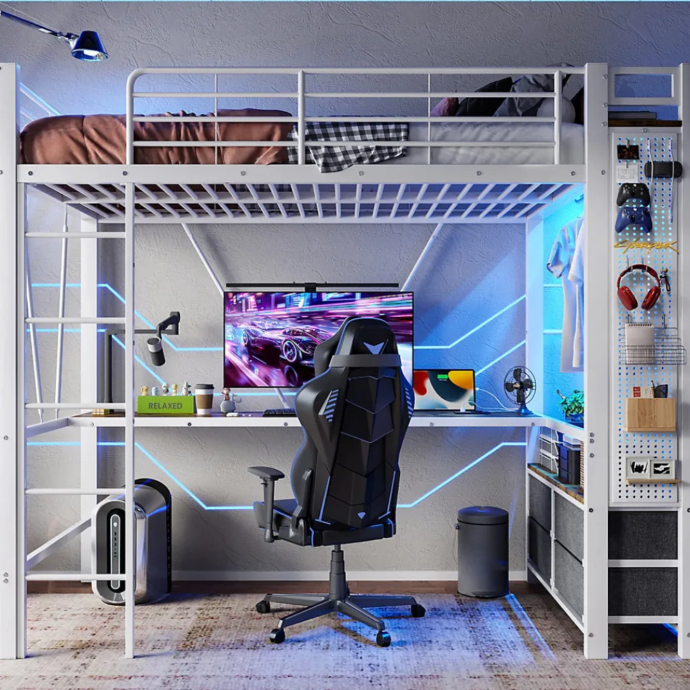 Lit Mezzanine 90x200 cm - Lit Déco avec Rangement - Métal et MDF - Sans Matelas - Blanc>Okwish Hot