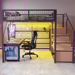 Lit mezzanine 140x200 cm - Lit double déco avec éclairage LED et rangement sous lit - Armoire ouverte en MDF et métal - Noir>Okwish Discount