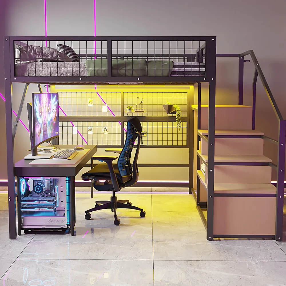 Lit mezzanine 140x200 cm - Lit double déco avec éclairage LED et rangement sous lit - Armoire ouverte en MDF et métal - Noir>Okwish Discount
