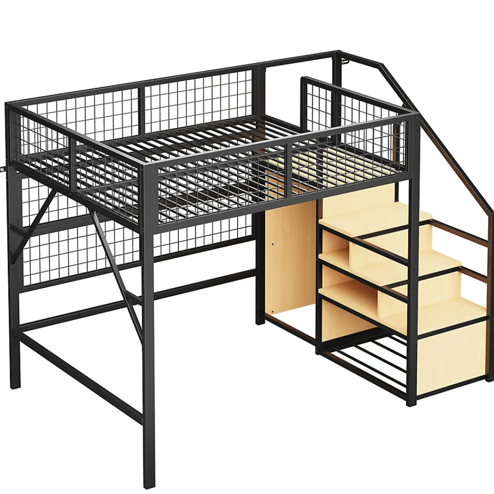 Lit mezzanine 140x200 cm - Lit double déco avec éclairage LED et rangement sous lit - Armoire ouverte en MDF et métal - Noir>Okwish Discount