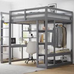 Okwish Lit mezzanine 140x200 cm - Lit double avec bureau intégré, rangements pratiques et échelle - Bois de pin et MDF - Gris* Lit Mezzanine