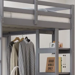 Okwish Lit mezzanine 140x200 cm - Lit double avec bureau intégré, rangements pratiques et échelle - Bois de pin et MDF - Gris* Lit Mezzanine