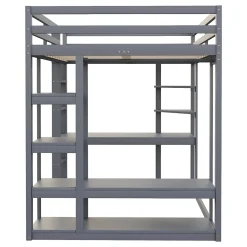 Okwish Lit mezzanine 140x200 cm - Lit double avec bureau intégré, rangements pratiques et échelle - Bois de pin et MDF - Gris* Lit Mezzanine