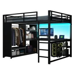 Okwish Lit Mezzanine 160x200 cm - Lit Double avec Bureau et Armoire Ouverte, Rangements et Éclairage LED, sans Matelas - Métal Noir* Lit Mezzanine