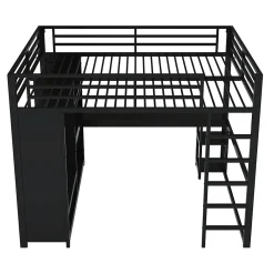 Okwish Lit Mezzanine 160x200 cm - Lit Double avec Bureau et Armoire Ouverte, Rangements et Éclairage LED, sans Matelas - Métal Noir* Lit Mezzanine