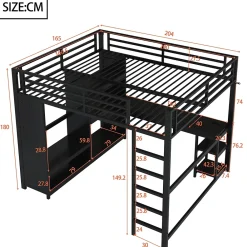 Okwish Lit Mezzanine 160x200 cm - Lit Double avec Bureau et Armoire Ouverte, Rangements et Éclairage LED, sans Matelas - Métal Noir* Lit Mezzanine