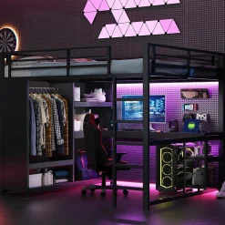 Okwish Lit Mezzanine 160x200 cm - Lit Double avec Bureau et Armoire Ouverte, Rangements et Éclairage LED, sans Matelas - Métal Noir* Lit Mezzanine