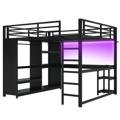 Okwish Lit Mezzanine 160x200 cm - Lit Double avec Bureau et Armoire Ouverte, Rangements et Éclairage LED, sans Matelas - Métal Noir* Lit Mezzanine