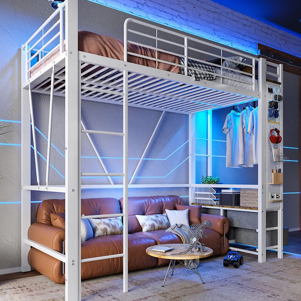 Lit Mezzanine 90x200 cm - Lit Déco avec Bureau et Rangement - Métal et MDF - Sans Matelas - Blanc>Okwish Outlet
