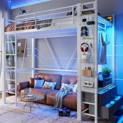 Lit Mezzanine 90x200 cm - Lit Déco avec Bureau et Rangement - Métal et MDF - Sans Matelas - Blanc><noscript><img width=