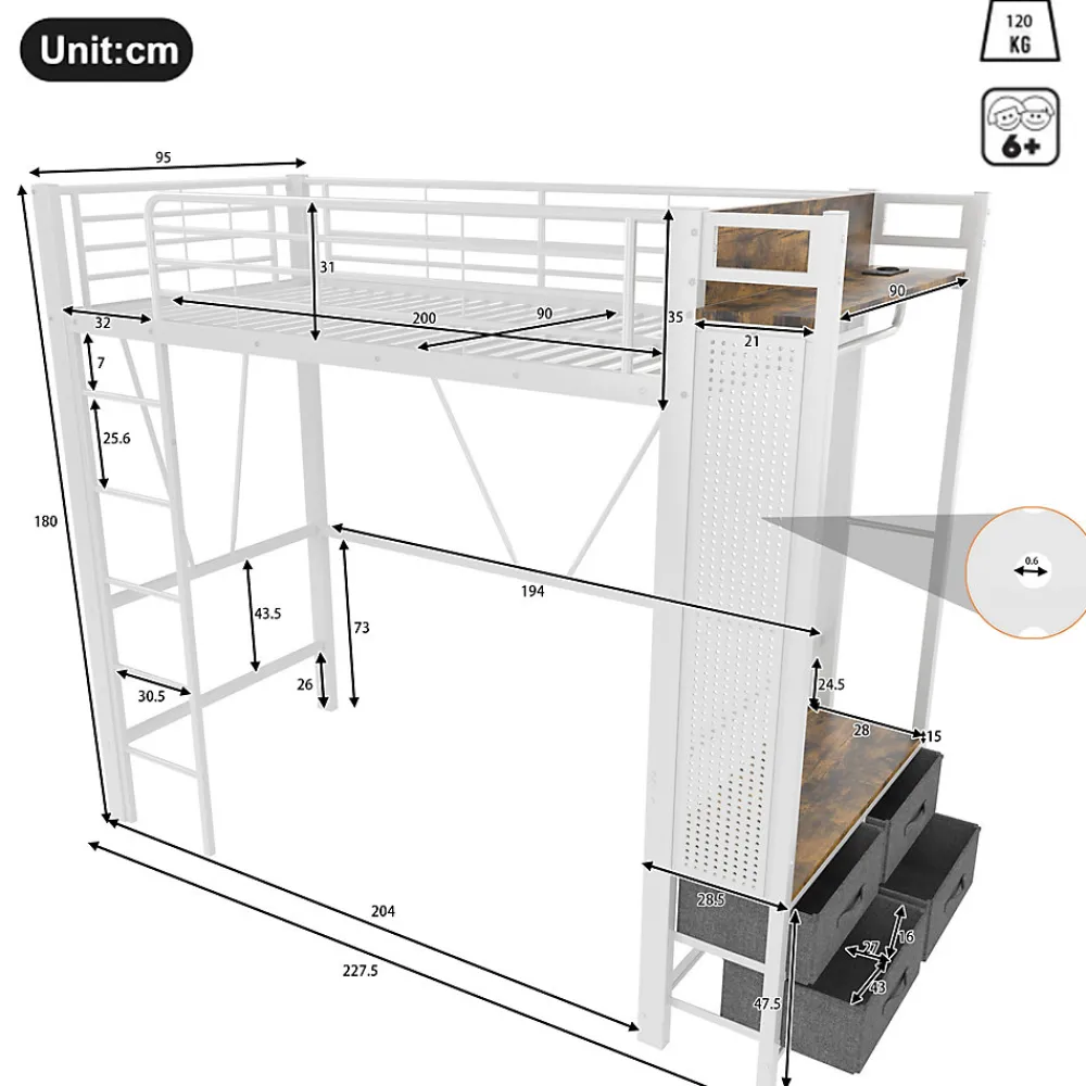 Lit Mezzanine 90x200 cm - Lit Déco avec Bureau et Rangement - Métal et MDF - Sans Matelas - Blanc>Okwish Outlet