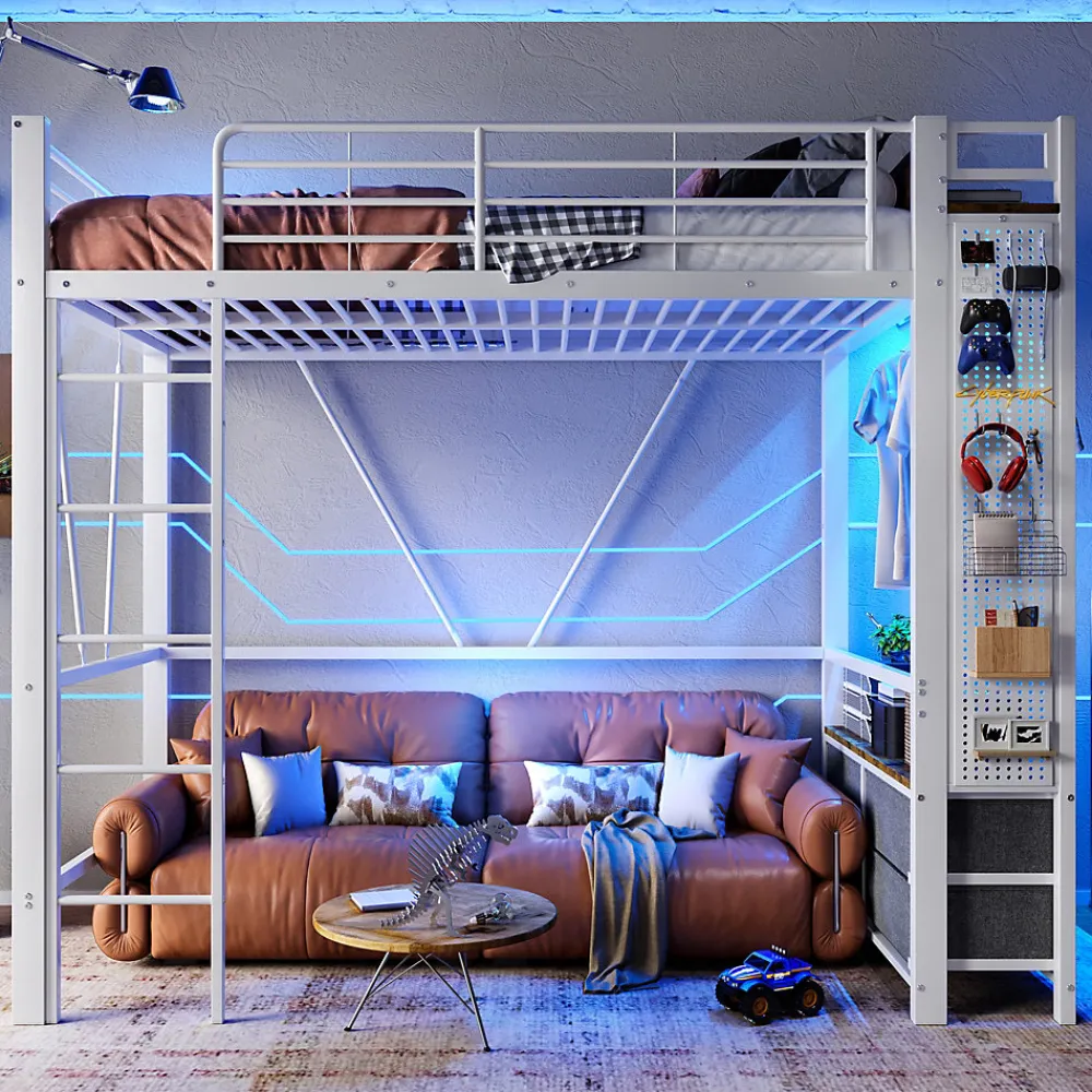 Lit Mezzanine 90x200 cm - Lit Déco avec Bureau et Rangement - Métal et MDF - Sans Matelas - Blanc>Okwish Outlet