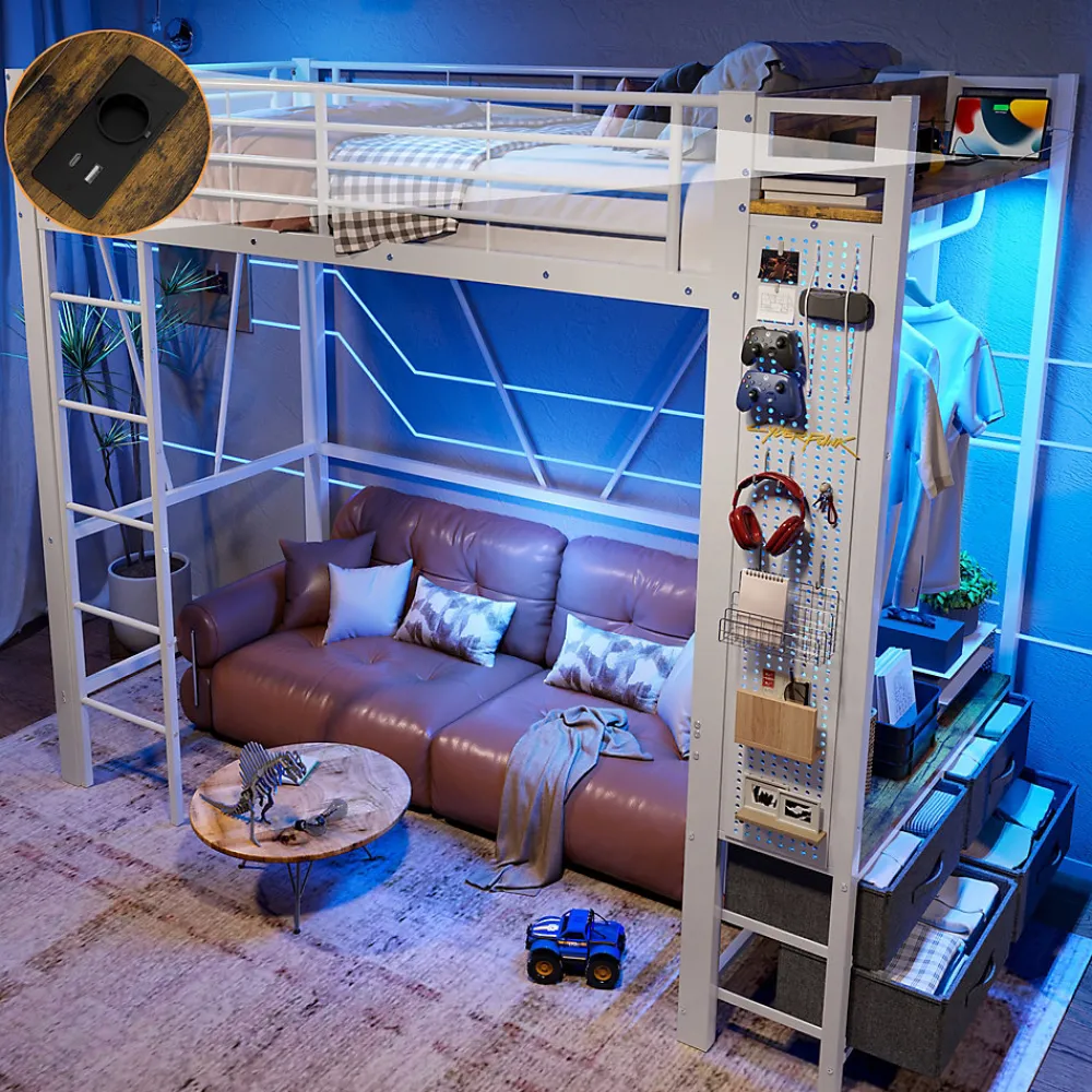 Lit Mezzanine 90x200 cm - Lit Déco avec Bureau et Rangement - Métal et MDF - Sans Matelas - Blanc>Okwish Outlet