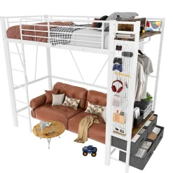 Lit Mezzanine 90x200 cm - Lit Déco avec Bureau et Rangement - Métal et MDF - Sans Matelas - Blanc><noscript><img width=