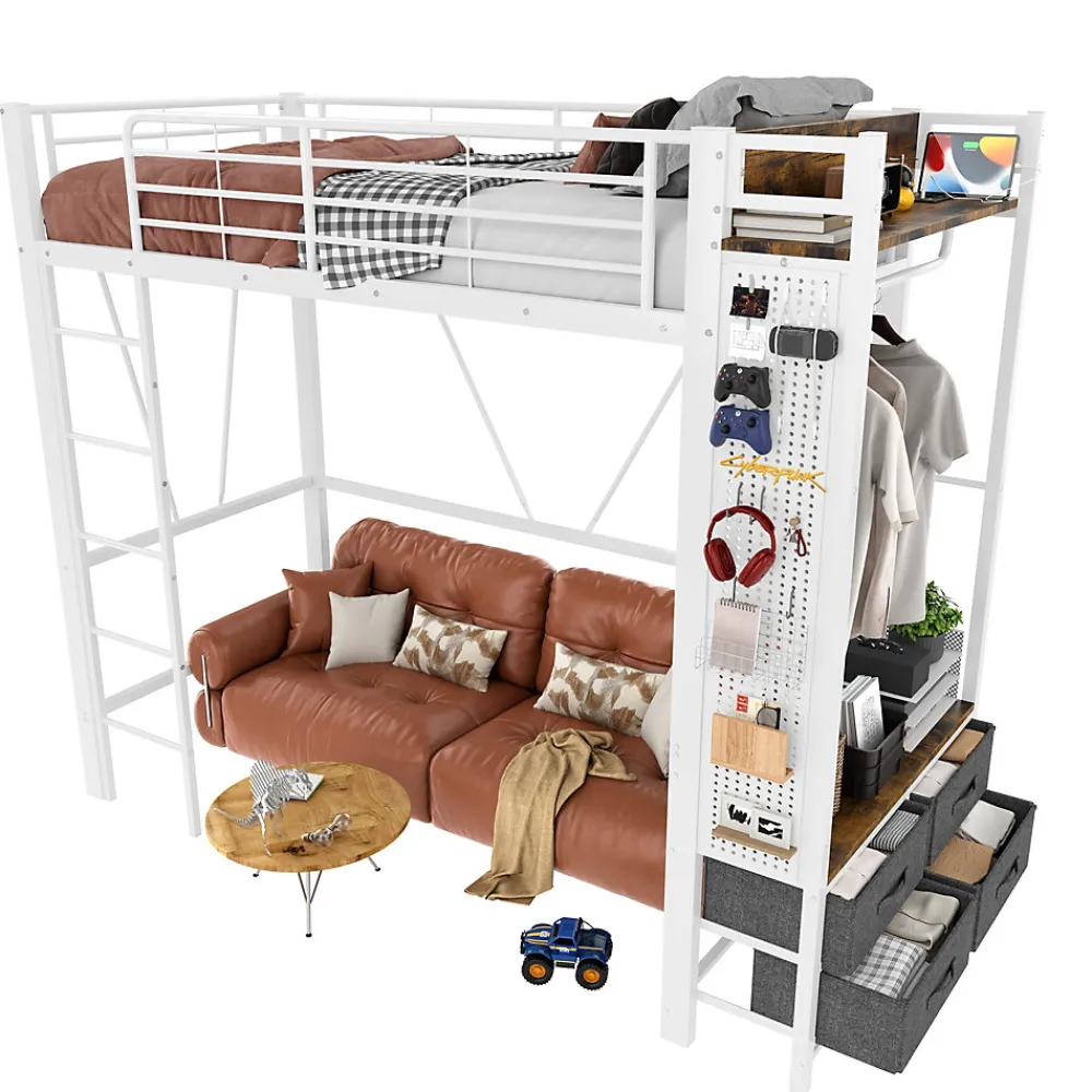 Lit Mezzanine 90x200 cm - Lit Déco avec Bureau et Rangement - Métal et MDF - Sans Matelas - Blanc>Okwish Outlet