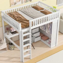 Lit Mezzanine 140x200 cm - Lit Double avec Bureau, Armoire et Escalier à Rangements Intégrés - Bois Blanc - Sans Matelas>Okwish Clearance
