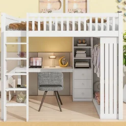 Lit Mezzanine 140x200 cm - Lit Double avec Bureau, Armoire et Escalier à Rangements Intégrés - Bois Blanc - Sans Matelas>Okwish Clearance