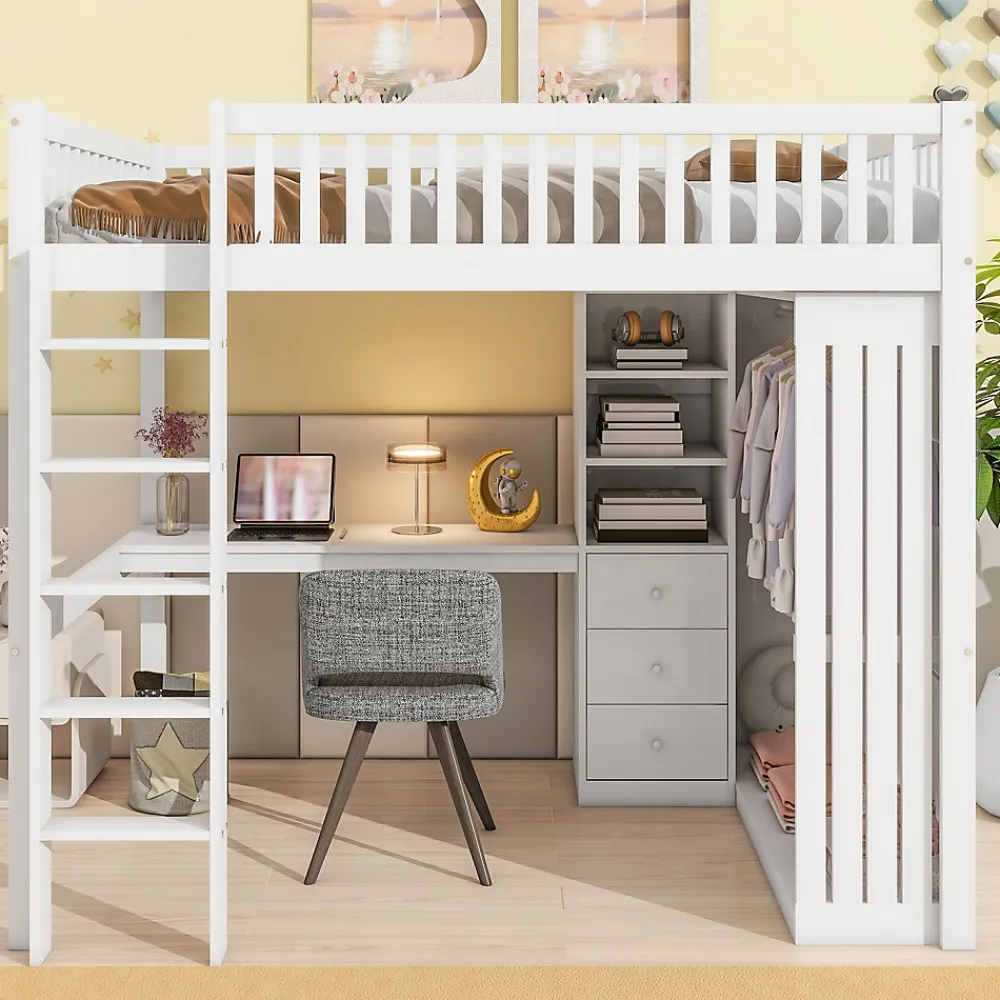 Lit Mezzanine 140x200 cm - Lit Double avec Bureau, Armoire et Escalier à Rangements Intégrés - Bois Blanc - Sans Matelas>Okwish Clearance
