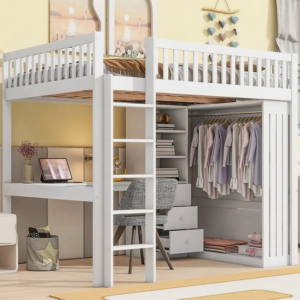 Lit Mezzanine 140x200 cm - Lit Double avec Bureau, Armoire et Escalier à Rangements Intégrés - Bois Blanc - Sans Matelas>Okwish Clearance