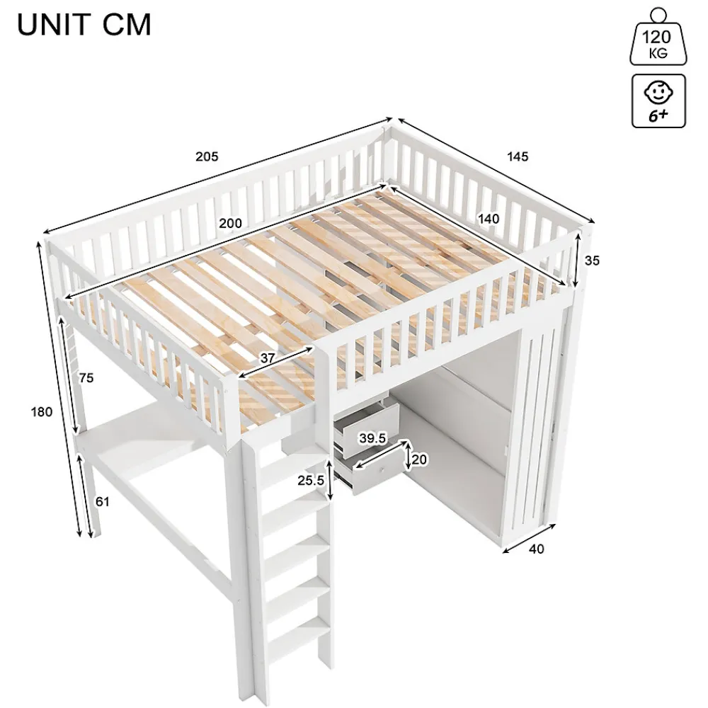 Lit Mezzanine 140x200 cm - Lit Double avec Bureau, Armoire et Escalier à Rangements Intégrés - Bois Blanc - Sans Matelas>Okwish Clearance