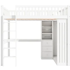 Lit Mezzanine 140x200 cm - Lit Double avec Bureau, Armoire et Escalier à Rangements Intégrés - Bois Blanc - Sans Matelas><noscript><img width=
