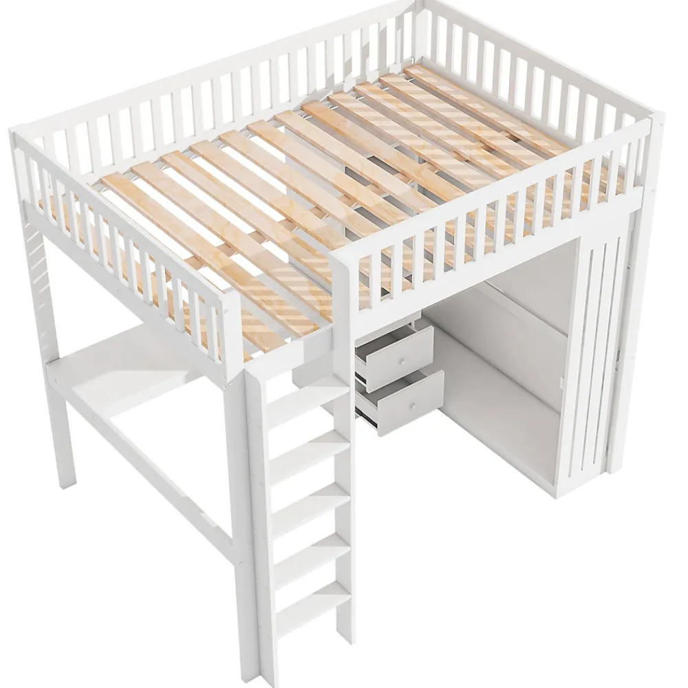 Lit Mezzanine 140x200 cm - Lit Double avec Bureau, Armoire et Escalier à Rangements Intégrés - Bois Blanc - Sans Matelas>Okwish Clearance