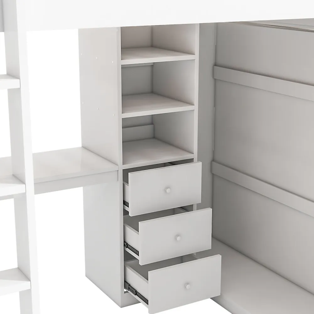 Lit Mezzanine 140x200 cm - Lit Double avec Bureau, Armoire et Escalier à Rangements Intégrés - Bois Blanc - Sans Matelas>Okwish Clearance