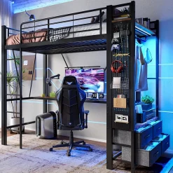 Lit Mezzanine 90x200 cm - Lit Déco avec Rangement - Métal et MDF - Sans Matelas - Noir>Okwish New