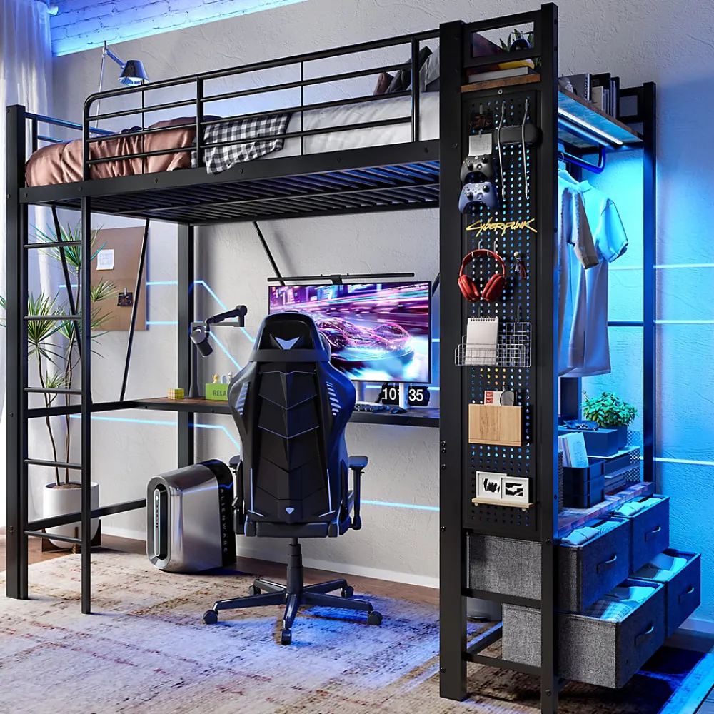 Lit Mezzanine 90x200 cm - Lit Déco avec Rangement - Métal et MDF - Sans Matelas - Noir>Okwish New