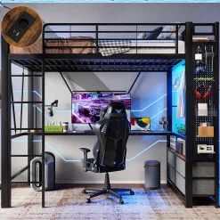 Lit Mezzanine 90x200 cm - Lit Déco avec Rangement - Métal et MDF - Sans Matelas - Noir>Okwish New