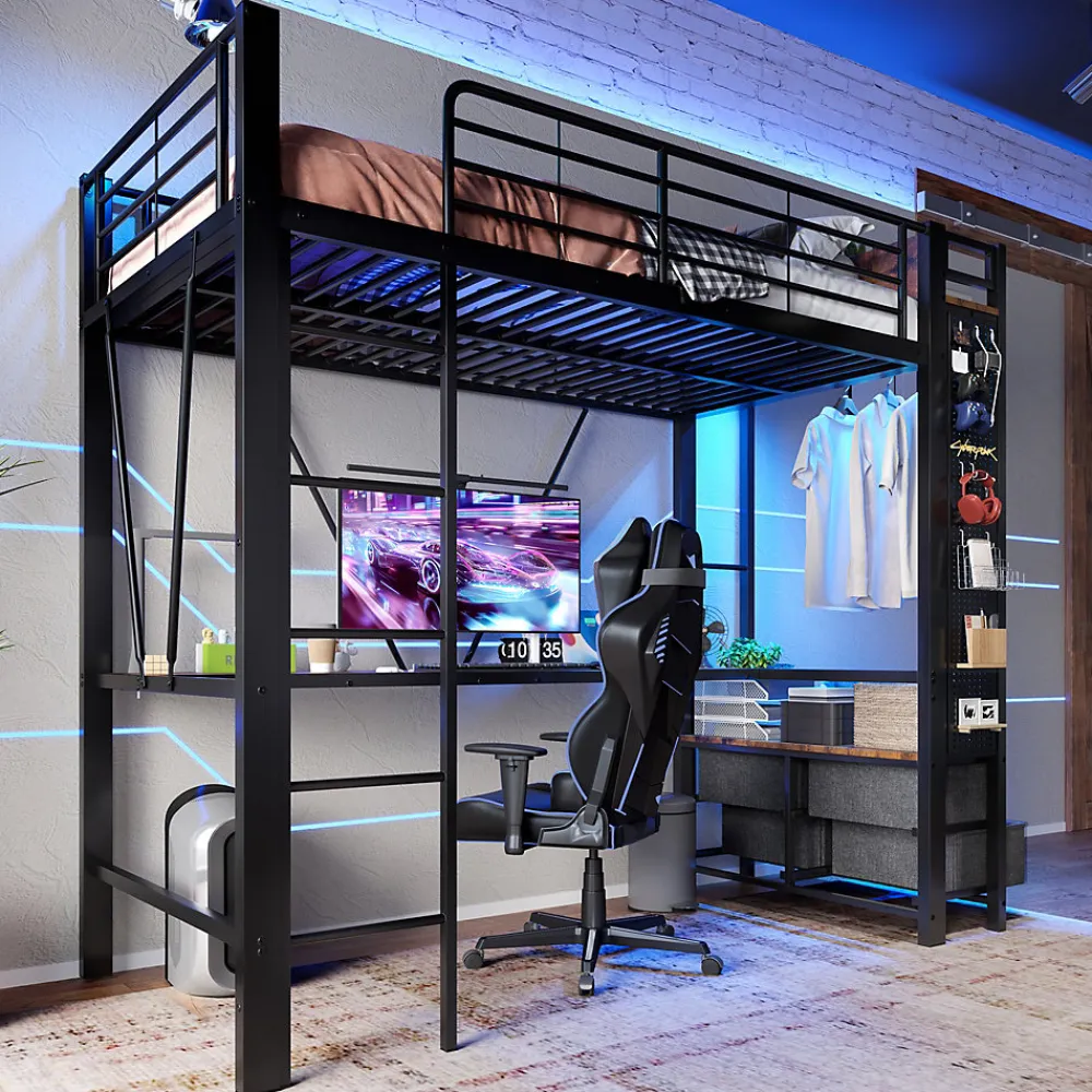 Lit Mezzanine 90x200 cm - Lit Déco avec Rangement - Métal et MDF - Sans Matelas - Noir>Okwish New