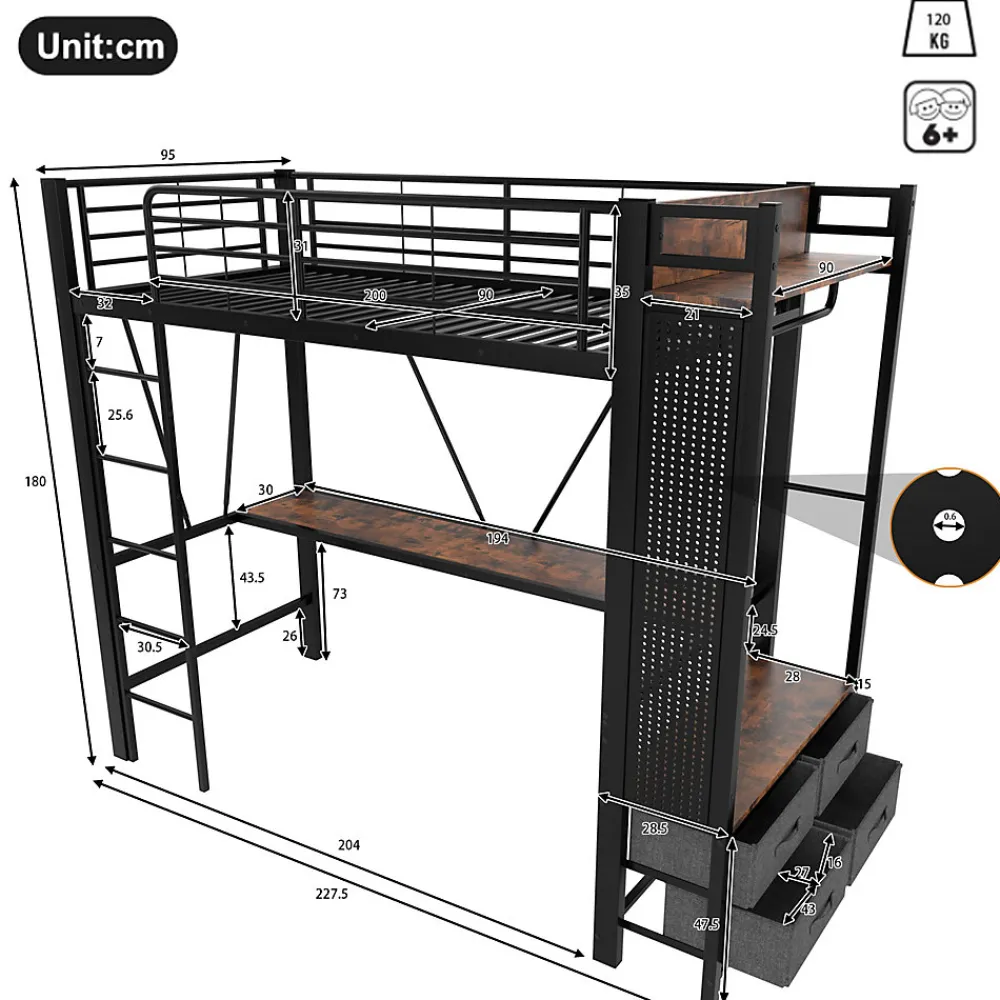 Lit Mezzanine 90x200 cm - Lit Déco avec Rangement - Métal et MDF - Sans Matelas - Noir>Okwish New