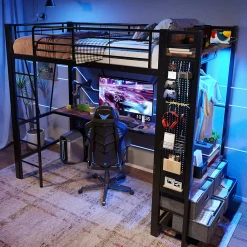 Lit Mezzanine 90x200 cm - Lit Déco avec Rangement - Métal et MDF - Sans Matelas - Noir><noscript><img width=