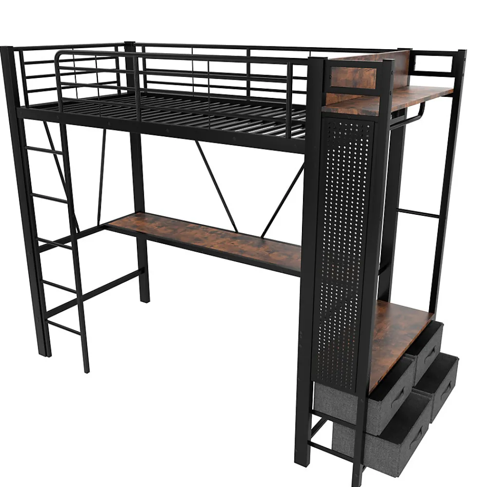 Lit Mezzanine 90x200 cm - Lit Déco avec Rangement - Métal et MDF - Sans Matelas - Noir>Okwish New