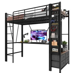 Lit Mezzanine 90x200 cm - Lit Déco avec Rangement - Métal et MDF - Sans Matelas - Noir><noscript><img width=