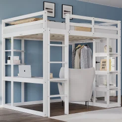 Lit mezzanine 140x200 cm - Lit double avec bureau intégré, rangements fonctionnels et échelle - Pin et MDF - Blanc>Okwish Online